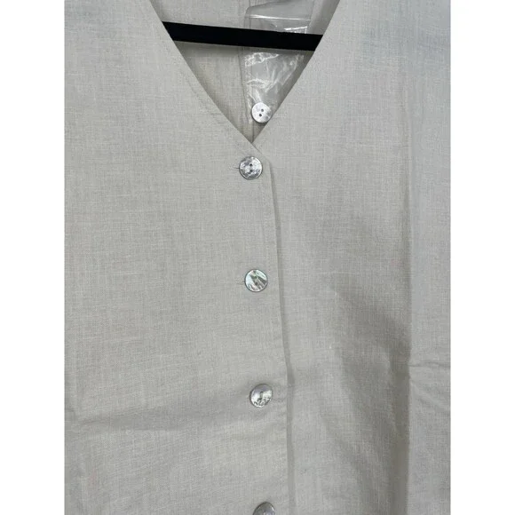 VTG 90s Linen Vest Beige Boho Layer Minimalist Lagenlook Cotton Mother of Pearl - Picture 2 of 8